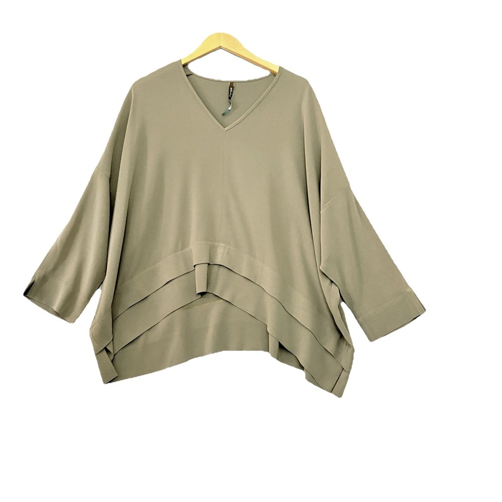 Blanque Women's Top Asymmetrical 2X Olive Drop Shoulder Lagenlook Boxy USA